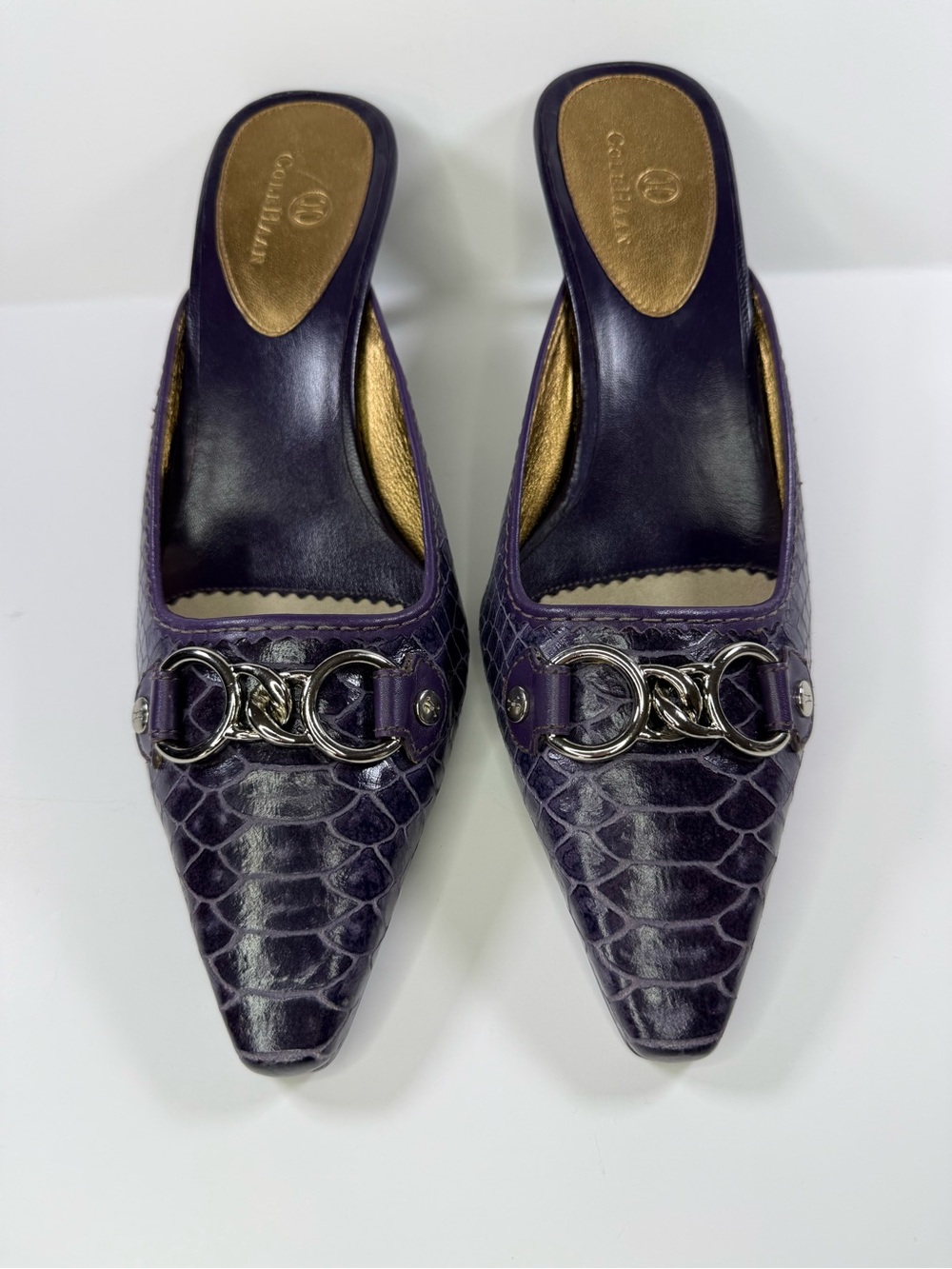Cole Haan Purple Croc-Embossed Pointed Mule with Silver Chain Size 8.5